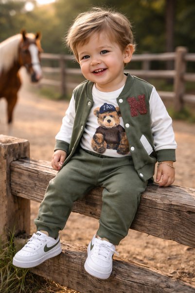 Atlas Baby House Baby Boy Khaki 3-Piece Set Teddy Bear Printed Bodysuit College Cardigan Pants Set