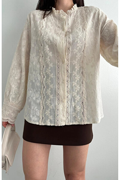 bysoca Women's Beige Vintage Scallop Embroidery Ruffle Collar Long Sleeve Pin...