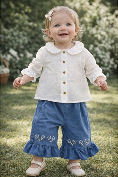 Superbaby Σετ 2 τεμαχίων για κορίτσια, λευκή Κεντητό μπλούζα, μπλε καμπάνα ca...