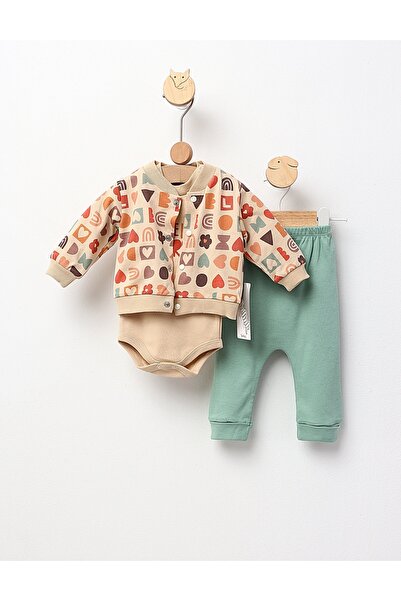MiniKids Costumas 3 piese, Hello Spring, bej-verde 62 (0-3 luni)