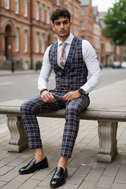 dehaine Men's suit, Pants + Vest, plaid, event suit, Navy blue