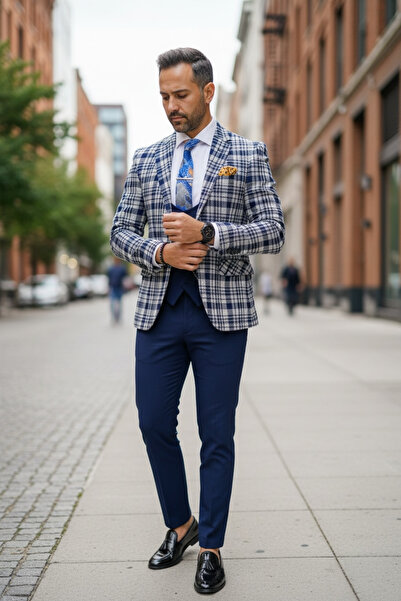 dehaine Men's Slim Fit checked jacket, B5293, blue