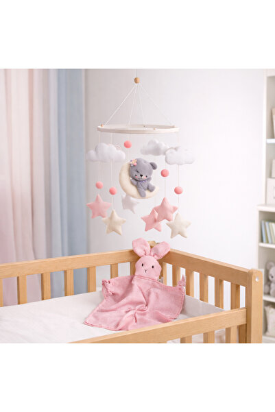 LusnikaStore Beşik Dönencesi Ayıcık & Bulut Figürlü – Pembe Uyku Arkadaşı Tav...