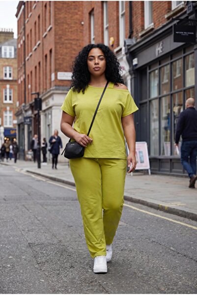 Ebsumu Women's Plus Size Strap Detail Summer Green-White Tracksuit Set