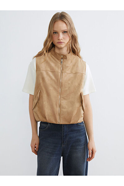 LC Waikiki Brown Mock Neck Oversized Women Suede-Look Vest