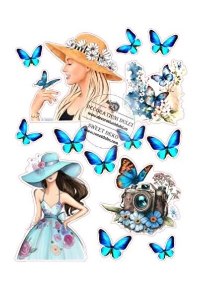 Decoratiuni Dulci Imagine comestibila Fete si fluturi albastri - Decupat