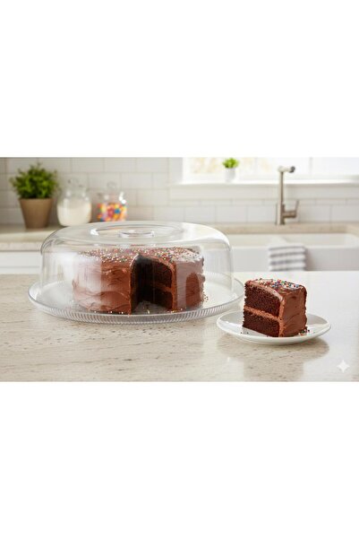 abnturk 26 cm Cam Tabaklı Kek Pasta Fanus Tazelik Korur Zarif Sunum