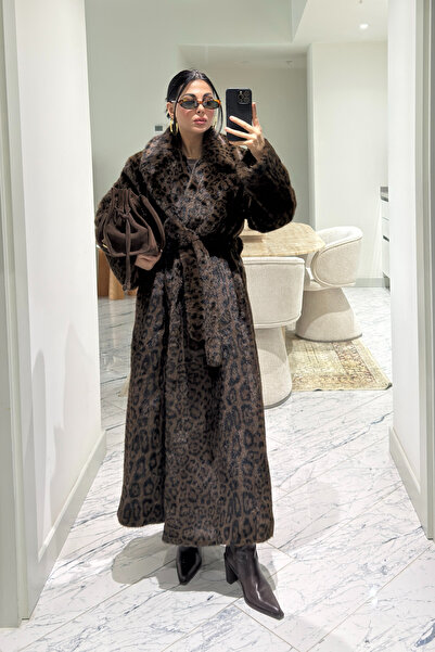 Seda Yalçın Atelier Acı Kahve Leopar Desenli Suni Kürk Kaban