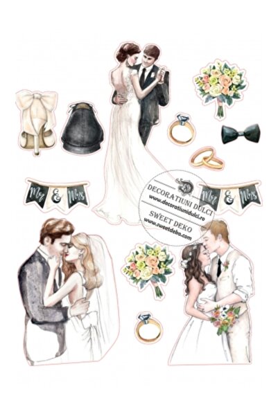 Decoratiuni Dulci Imagine comestibila pentru decor tort nunta Mr. and Mrs. - ...