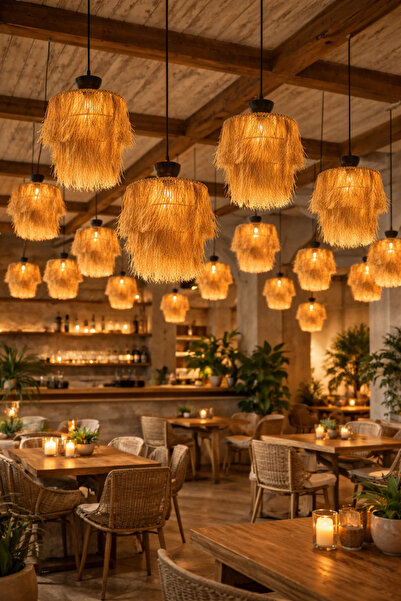 Kifnexwood HASIR AVİZE 45x30 cm BOHEM DOĞAL EL YAPIMI CAFE & SALON LED UYUMLU