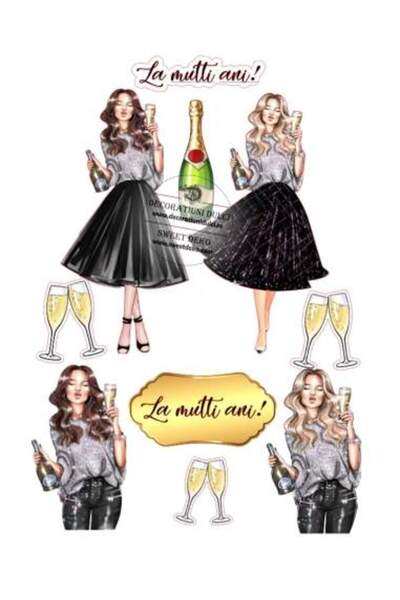 Decoratiuni Dulci Fete si sampanie, poza comestibila pentru tort - Decupat