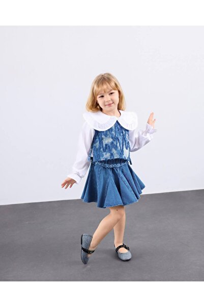 Nazhankids دنيم طقم سترة وتنورة من 3 قطع للعيد