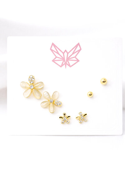 MakeWell 925 Ayar Gümüş İğneli Küpe Seti Yonca Kiraz Çiçek ve İnci Detaylı Ta...