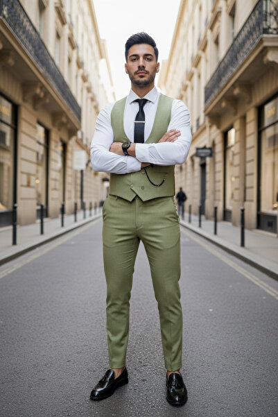 dehaine Men's suit, Pants + Vest, plaid, event suit, Green B4103