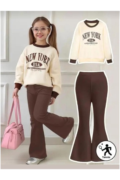 Kids Newyork baskılı İspanyol paça alt üst takım