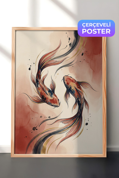 Zestia Pictură murală cu ramă din lemn, în tonuri de flacără, cu mișcare flui...