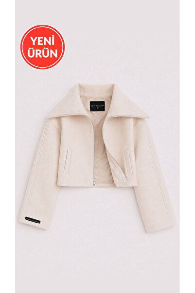 Perryes Women's Norra Wide Collar Zippered Short Coat Cream