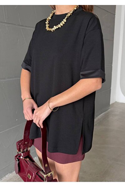 LAMİFUSTORE Modal Fabric Oversized Tshirt with Side Slits, Comfortable Fit