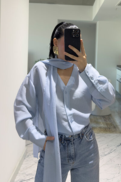 Seda Yalçın Atelier Mavi Şal Detaylı Çizgili Gömlek