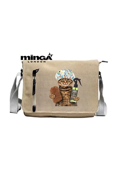 Minga London Beige Clean Cat Printed Messenger Bag -Mingalondon