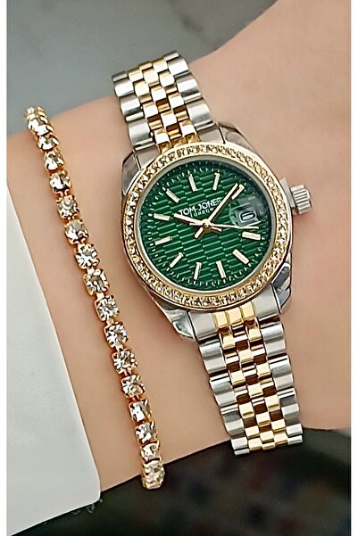 Tom Jones Yeni Model Taşlı Takvimli Altın Gümüş Renk Çelik Kordon Kadın Kol S...