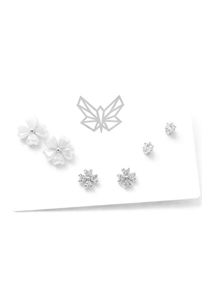MakeWell 925 Ayar Gümüş İğneli Küpe Seti Yonca Kiraz Çiçek ve İnci Detaylı Ta...