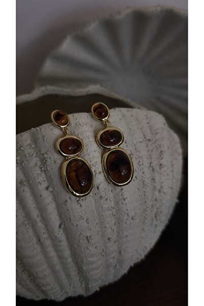 VOBEEYKU Special Series Gold Framed Triple Oval Tiger's Eye Earrings