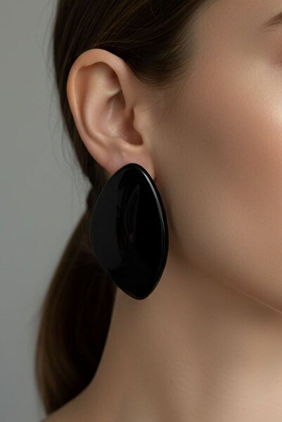 BHR AKSESUAR Black Big Bone Earrings (7.3 cm)