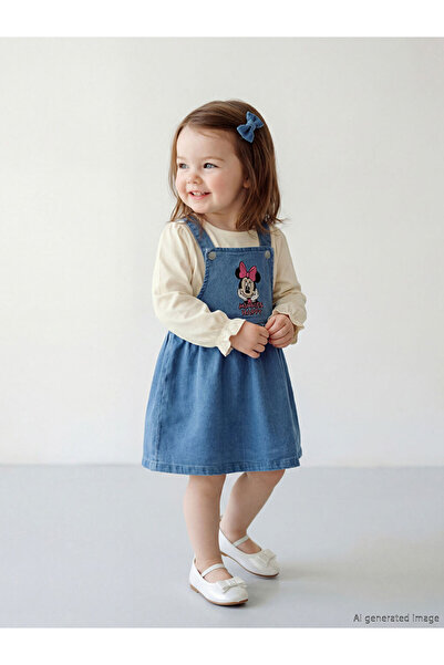 LC Waikiki LCW baby Indigo Minnie Mouse Nakışlı Kız Bebek Jean Salopet Elbise...