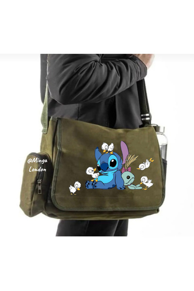 Minga London Khaki Cartoon Blue Printed Messenger Bag -Mingalondon