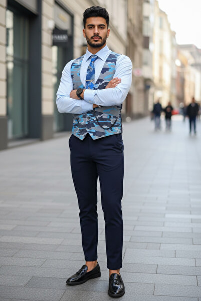 dehaine Men's suit, Pants + Vest, plaid, event suit, Navy blue, 13252