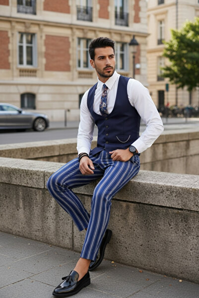 dehaine Men's suit, Pants + Vest, plaid, event suit, Navy blue, B1604