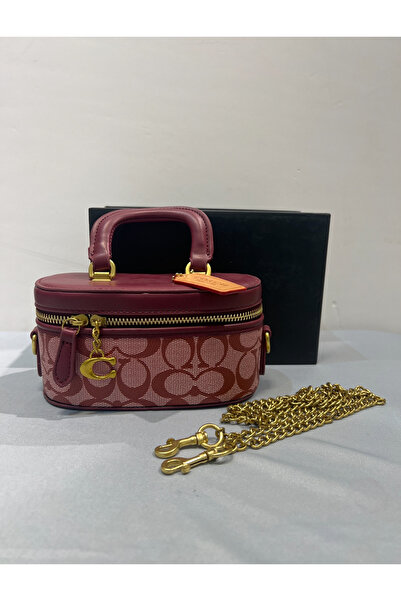 GC Luxury small round women's Bag – Gold chain handbag – Burgundy color