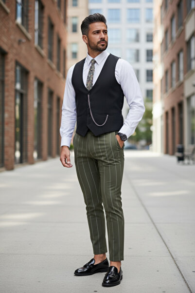 dehaine Men's suit, Pants + Vest, striped, event suit, Khaki, B1799