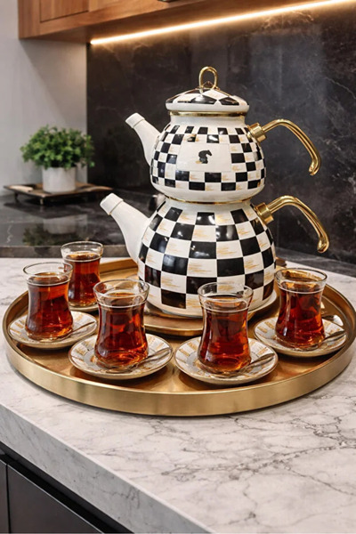 BasaranAvm Luxury Enamel Teapot Set Checkered