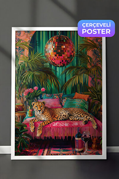 Zestia Бели картини с рамка: Леопард, отпускащ се в екзотична тропическа атмо...