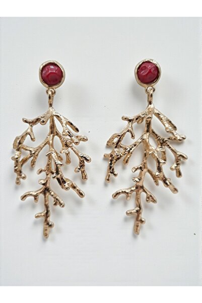 ahsenaksesuar2025 Red Stone Gold Color Dangle Coral Branch Model Steel Earrings