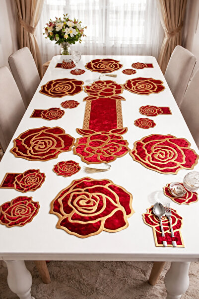 Diva Home طقم تقديم أمريكي فاخر من 19 قطعة بمظهر جلدي مخملي وردي اللون