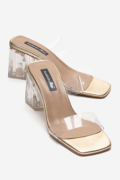 Ayakkabı Ateşi Women's Gold Crinkled Transparent Heeled Special Design Slippe...