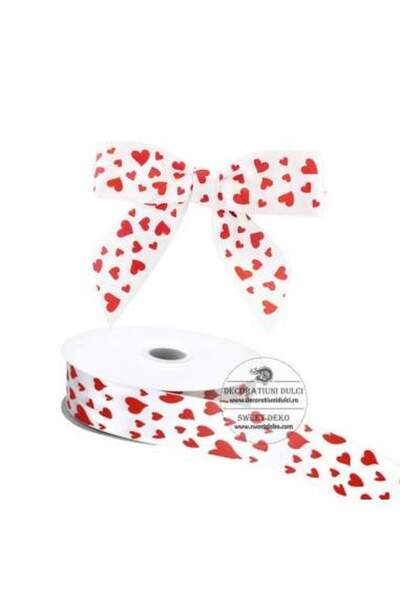 Decoratiuni Dulci Бяла сатенена панделка с червени сърца (40 м)