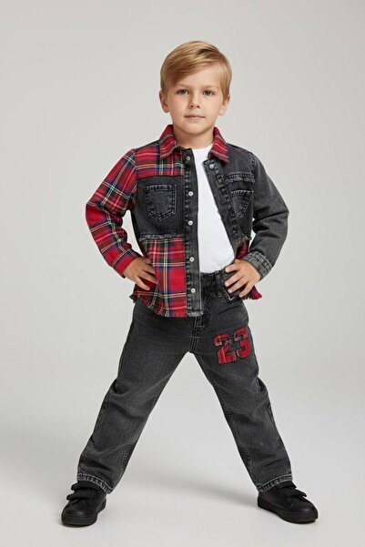 Nazhankids Plaid Denim Shirt 3-Piece Set Holiday Set