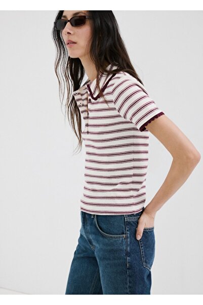MANGO Woman Volanlı çizgili polo yaka tişört