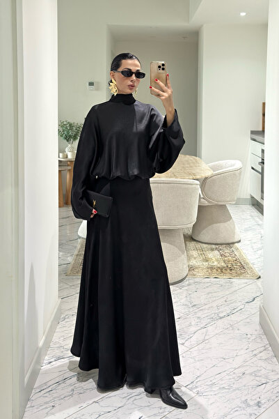 Seda Yalçın Atelier Siyah Arkası Bağlamalı Uzun Saten Elbise