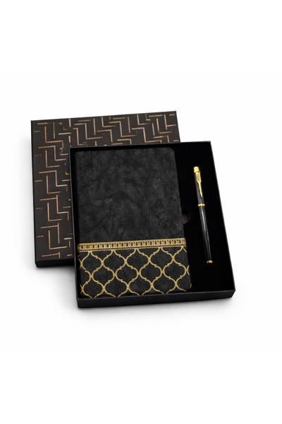 Mimoza Siyah Gold Desenli Deri Defter ve Metal Kalem Hediye Seti