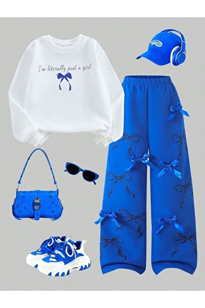 VESTIR BIEN Set cu top cu imprimeu panglică, pantaloni albi cu picior larg și...