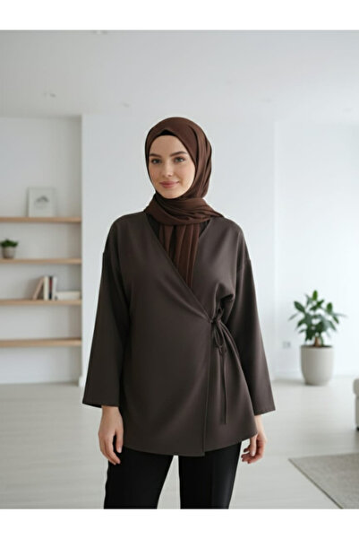 MONJER Women's Brown Double-Breasted Side-Tie Kimono Tunic