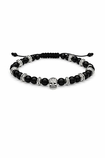 Handmade Men's bracelet with skull made of 925 silver and 6 mm Matte Onyx sto...