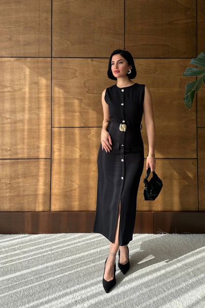 Lusin Women's Black Stylish Belt Detailed Sleeveless Slim Midi Length Dress