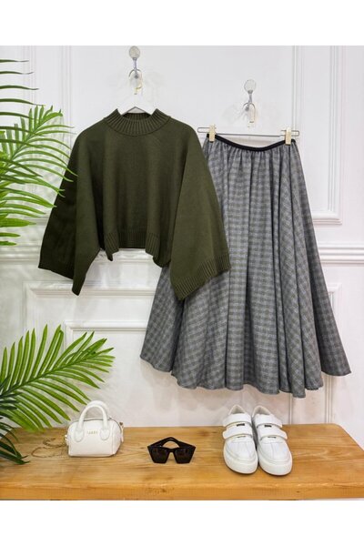 onix Melisa Dual Combination Khaki Sweater, Khaki Skirt
