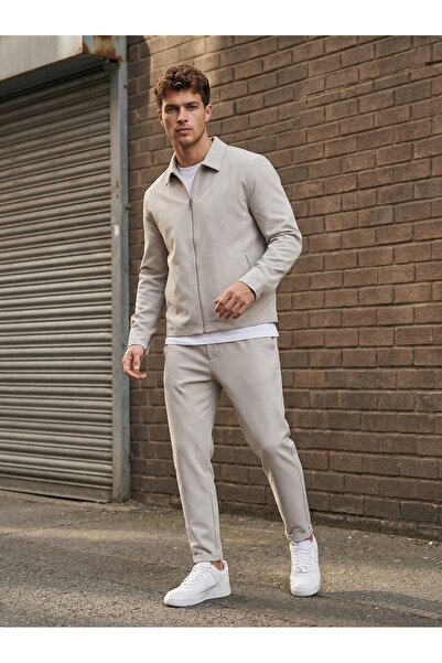 MADZEYMODA Men's Gray Seasonal Top and Bottom Set - Lined Jacket & Double-Leg...